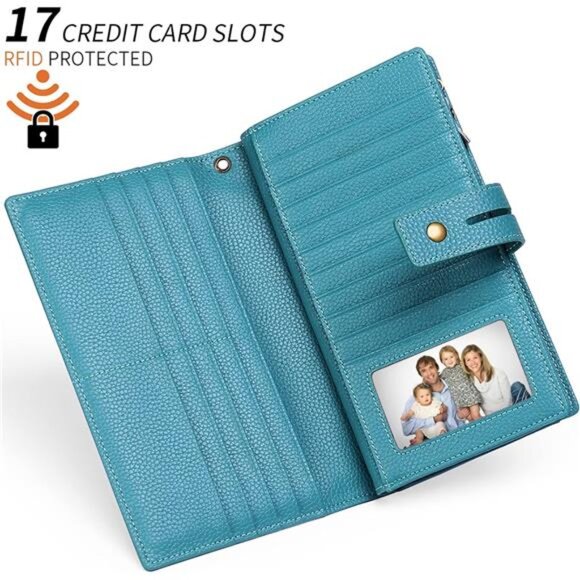 Wallet RFID Blocking Leather Wallets Credit Card Organizer with Checkbook Holder - Picture 4 of 7